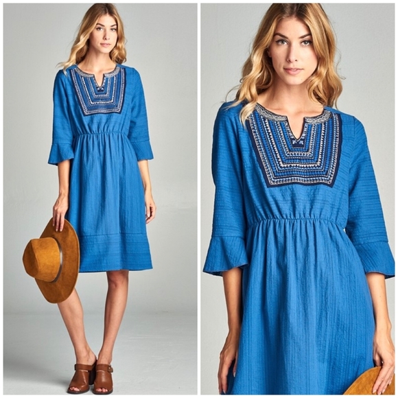 Dresses & Skirts - Feminine Boho Chic Blue 3/4 Sleeves Dress
